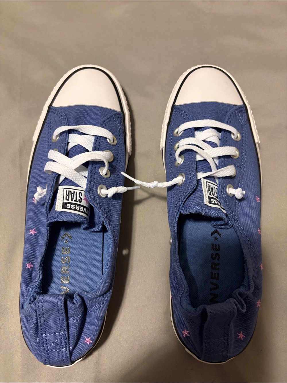 NEW Converse Blue Canvas Low-Top Sneakers with White Laces and Pink Star Details